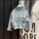 90S Outfits Spring and Autumn Denim Jacket Women's Frayed Patchwork Retro Casual Jacket