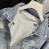 90S Outfits Spring and Autumn Denim Jacket Women's Frayed Patchwork Retro Casual Jacket