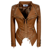 Leather Biker Coat Golden Leather Jacket Women Pu Jackets Waist Slimming Rivet Slim Washed Motorcycle Leather Coat