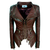 Leather Biker Coat Golden Leather Jacket Women Pu Jackets Waist Slimming Rivet Slim Washed Motorcycle Leather Coat