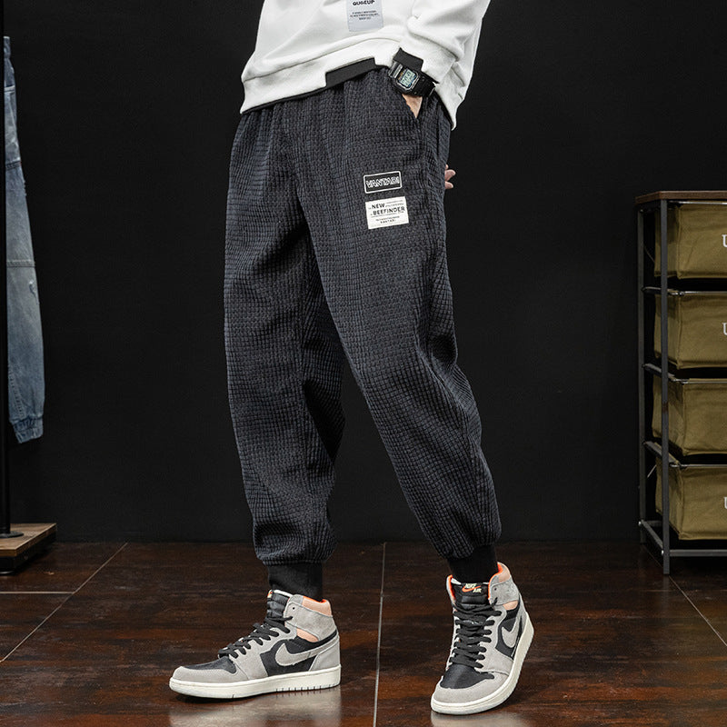 Mens Corduroy Pants Fall Retro Casual Pants Men's Loose Exercise Ankle-Tied Harem Pants