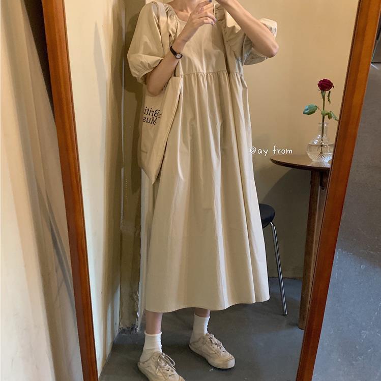 Puff Sleeve Square Collar Short Sleeve High Waist Cottagecore Midi Dress