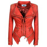 Leather Biker Coat Golden Leather Jacket Women Pu Jackets Waist Slimming Rivet Slim Washed Motorcycle Leather Coat
