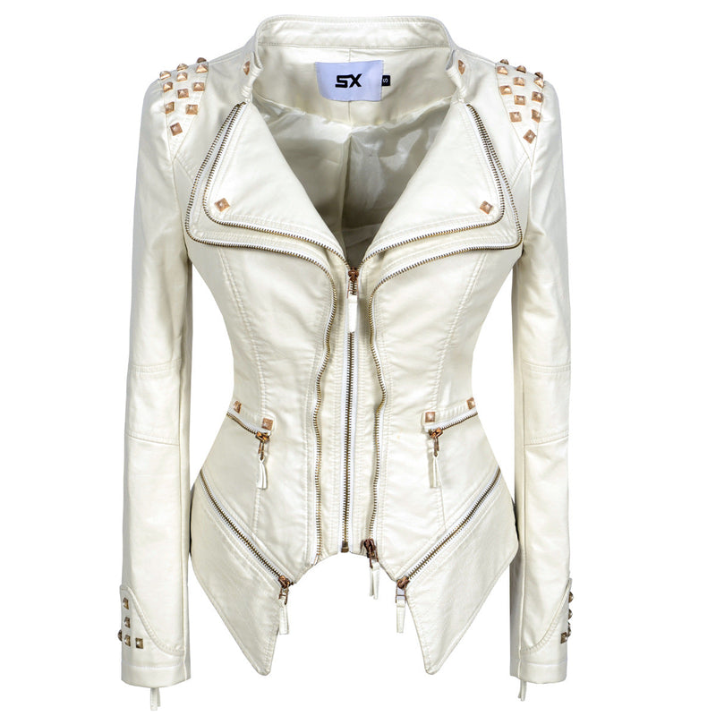 Leather Biker Coat Golden Leather Jacket Women Pu Jackets Waist Slimming Rivet Slim Washed Motorcycle Leather Coat