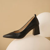 Nude Block Heels Soft Leather Chunky Heel High Heels Pointed Toe Pumps Leather Shoes