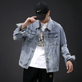 Denim Varsity Jacket Autumn Men Hole with Cat Whisker Fit Denim Jacket Coat Men