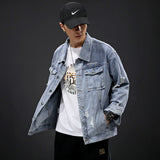 Denim Varsity Jacket Autumn Men Hole with Cat Whisker Fit Denim Jacket Coat Men