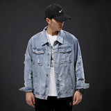 Denim Varsity Jacket Autumn Men Hole with Cat Whisker Fit Denim Jacket Coat Men