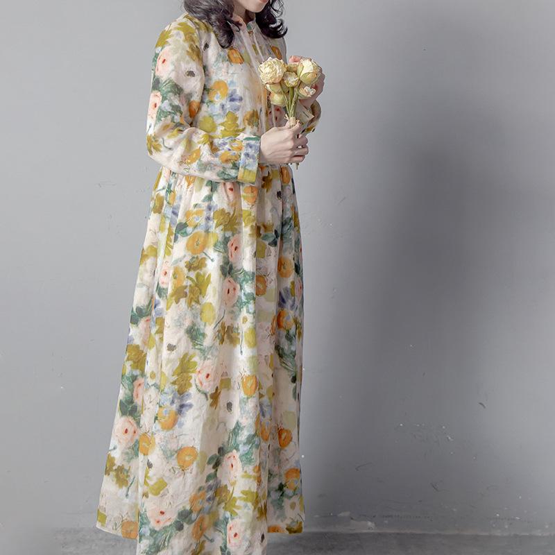 Retro Long Dress Printed Dress Loose Lapel Large Swing cottagecore aesthetic dresses