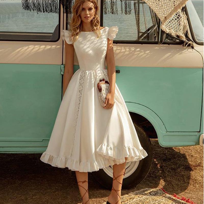 Short Sleeve  Cottagecore Aesthetic Dress Tea Length Civil Short Flowy Wedding Corset Midi Dress