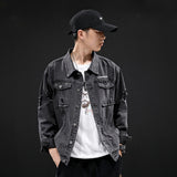 Denim Varsity Jacket Autumn Men Hole with Cat Whisker Fit Denim Jacket Coat Men