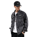 Denim Varsity Jacket Autumn Men Hole with Cat Whisker Fit Denim Jacket Coat Men
