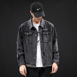 Denim Varsity Jacket Autumn Men Hole with Cat Whisker Fit Denim Jacket Coat Men