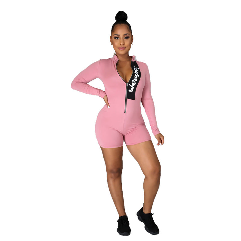 Letter Printed Long Sleeve Zip-up Shirt Jumpsuit