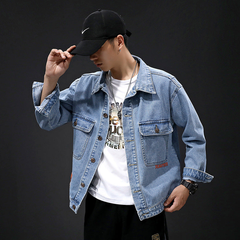 Denim Varsity Jacket Autumn Denim Jacket Coat Men's Solid Color Gradient Printing Casual Jacket