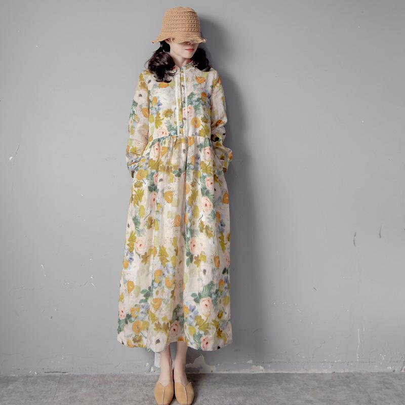 Retro Long Dress Printed Dress Loose Lapel Large Swing cottagecore aesthetic dresses