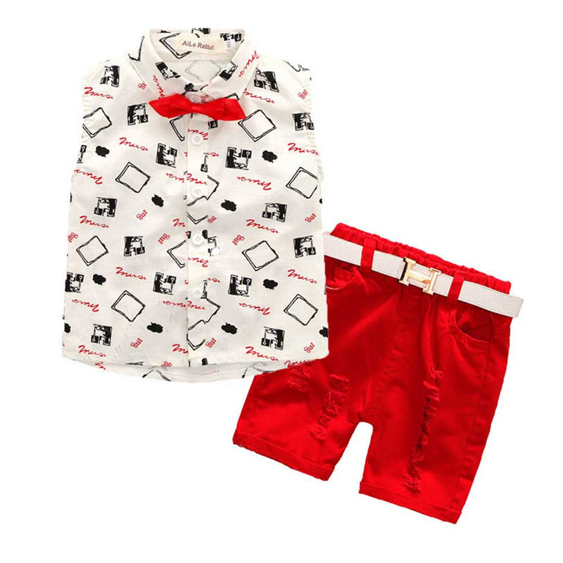 Children Boy Co Ord Summer Geometric Print Sleeveless Shirt Top Ripped Shorts 2 Piece Set