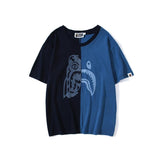 Shark Print T Shirt Tiger Head Shark Head Stitching Denim Color Short Sleeve T-Shirt