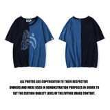 Shark Print T Shirt Tiger Head Shark Head Stitching Denim Color Short Sleeve T-Shirt