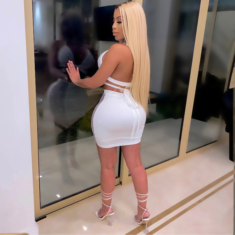 See through Pants Suit Cross Strap Backless Two-Piece Set