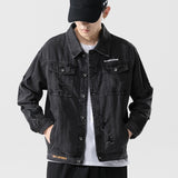Denim Varsity Jacket Autumn Men Hole with Cat Whisker Fit Denim Jacket Coat Men