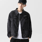 Denim Varsity Jacket Autumn Men Hole with Cat Whisker Fit Denim Jacket Coat Men
