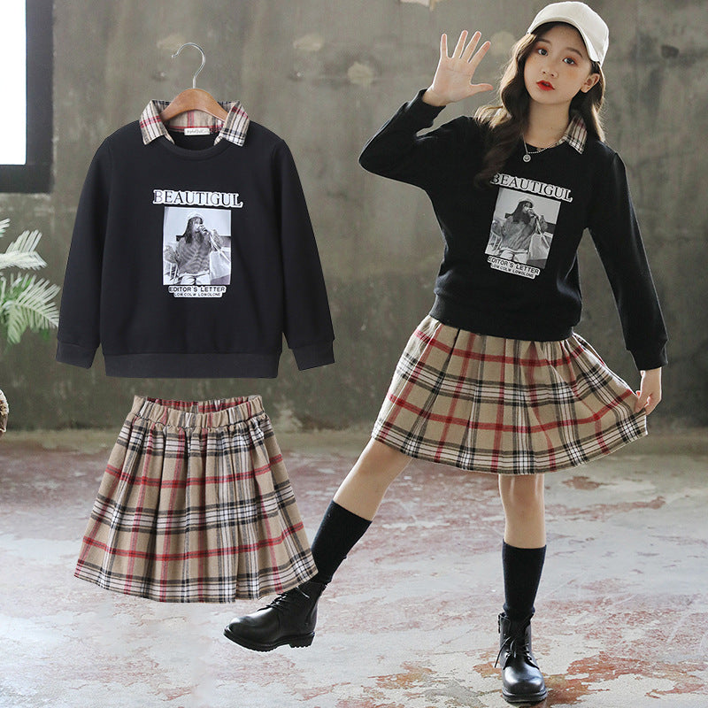 Children's Sweater Set Printing Tartan Skirt Autumn Suit Children GIRL'S Dress