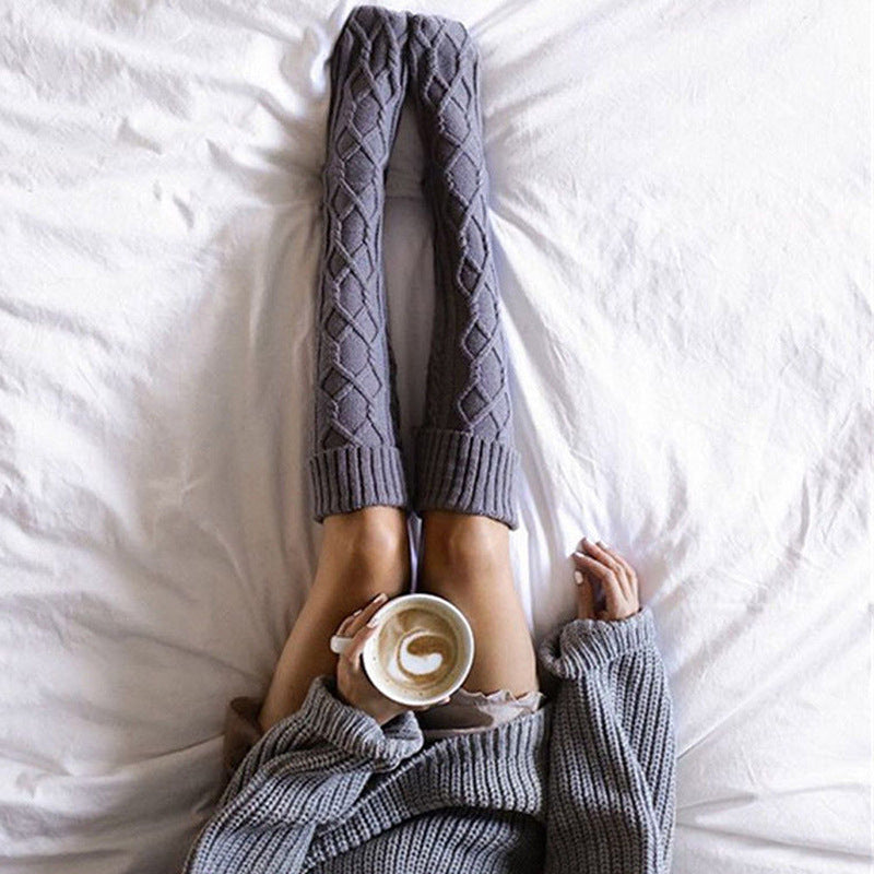 Winter Thick Knit Thigh High Socks Long Stockings Boot Knitted Woolen Yarn Socks Female With Fur Ball Stockings
