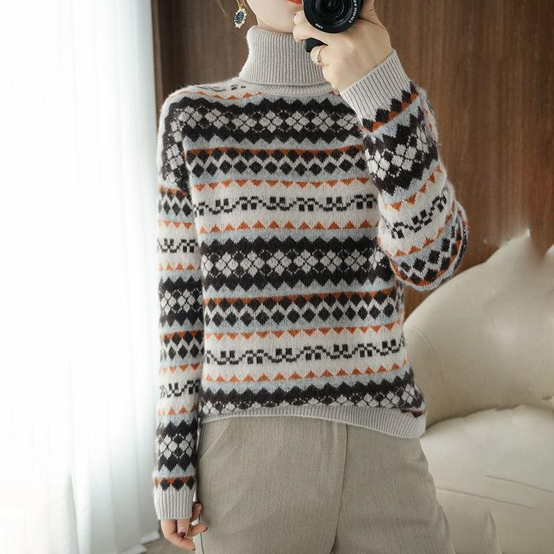 Fair Isle Sweater Cottagecore Outfits for Women Autumn Winter Cashmere Sweater Turtleneck  Loose