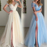 Women Lace Wedding Dress V-neck Slit Wedding Dress Lace Long Dress