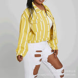 Women Denim Jacket Autumn Printed Yellow Striped Coat