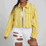 Women Denim Jacket Autumn Printed Yellow Striped Coat