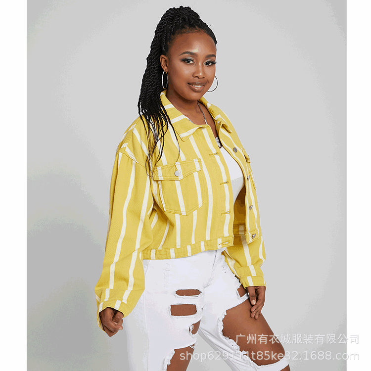 Women Denim Jacket Autumn Printed Yellow Striped Coat