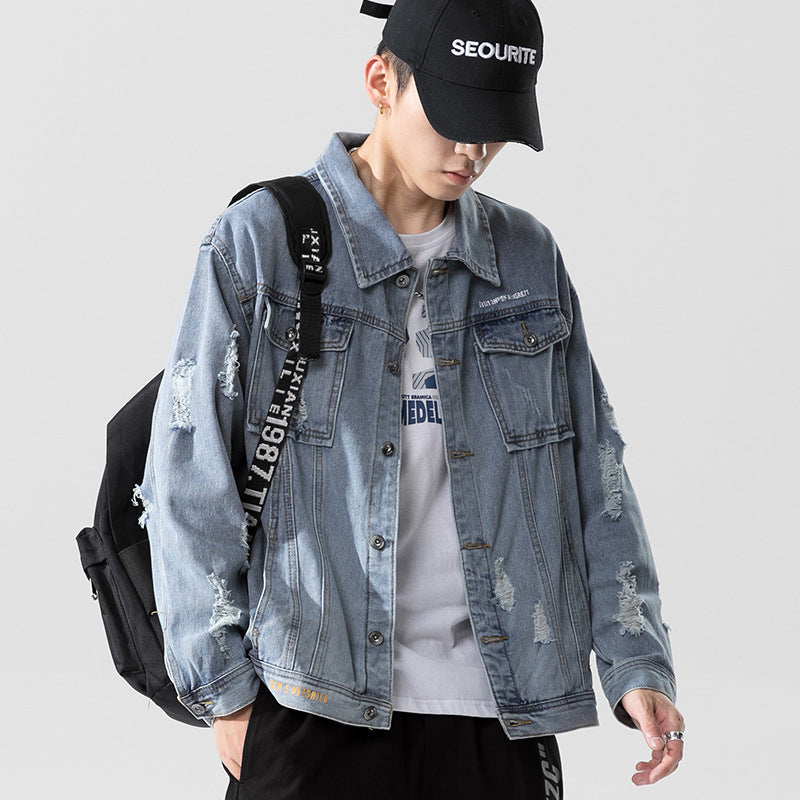 Denim Varsity Jacket Autumn Men Hole with Cat Whisker Fit Denim Jacket Coat Men