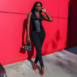 Autumn Solid Color Fishbone Waist Seal Sleeveless One-Piece Trousers Casual Suit