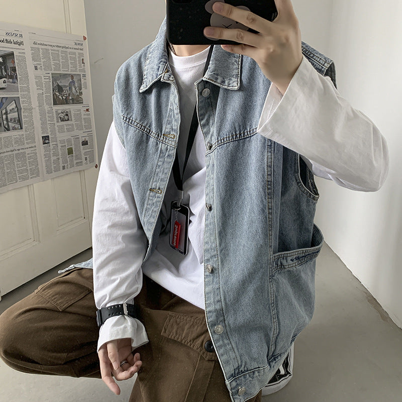 Men Denim Jacket Autumn Retro Workwear Vest Loose Sleeveless Coat