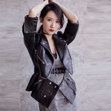 Leather Biker Coat Golden Leather Jacket Women Pu Jackets High Waist Leather Coat