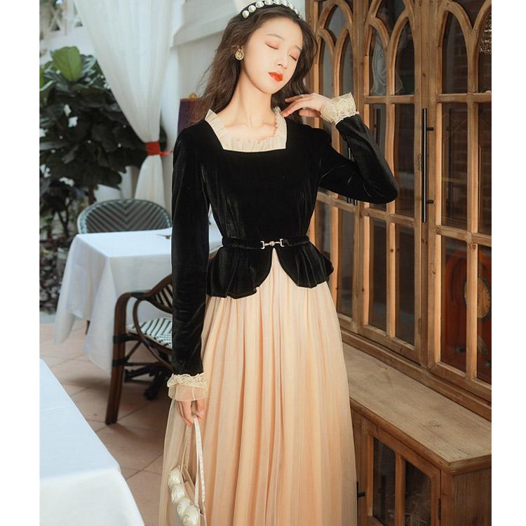 Sleeve Wooden Ear Square Collar Court Vintage Velvet Stitching Mesh cottagecore aesthetic dress