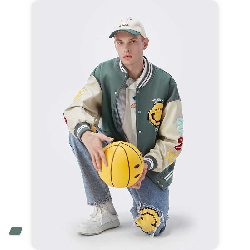 Varsity Jacket Vintage Autumn and Winter Baseball Uniform Vintage Printed Smiley Face Towel Embroidery Coat for Men