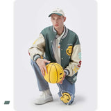 Varsity Jacket Vintage Autumn and Winter Baseball Uniform Vintage Printed Smiley Face Towel Embroidery Coat for Men