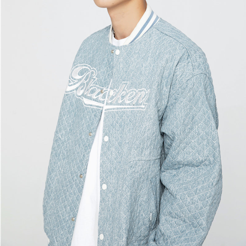 Baby Blue Varsity Jacket Autumn Baseball Uniform Letter Embroidered Striped Top for Men