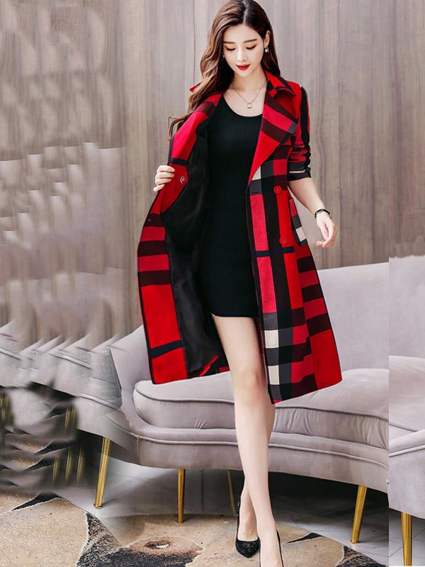 womens long color block plaid check trench coat long lapel coat maxi coat pea coat