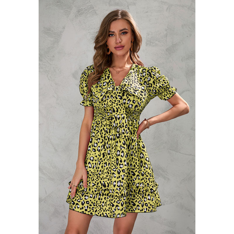 Nina Parker Graffiti Dress Leopard Print Waist Trimming Short-Sleeved Dress