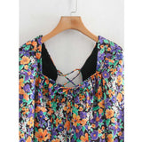 Milkmaid Dress Summer Square Collar Lace Up Lantern Sleeve Floral Dress