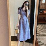 Aestitic Dress Summer Square Collar Puff Short Sleeve Purple Plaid Dress