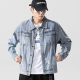 Denim Varsity Jacket Autumn Men Hole with Cat Whisker Fit Denim Jacket Coat Men