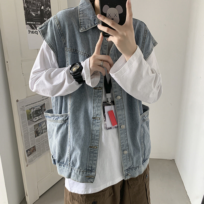 Men Denim Jacket Autumn Retro Workwear Vest Loose Sleeveless Coat