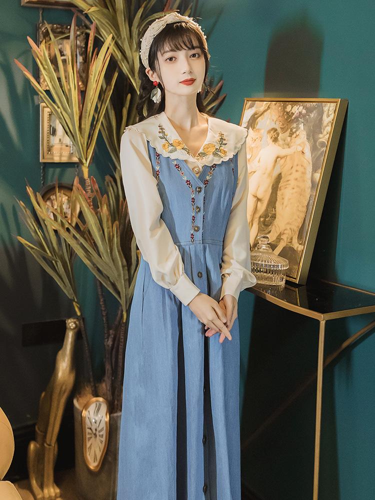 Suit Denim Brace Dress with Embroidered Doll Collar Shirt Sweet Two-Piece Set Autumn 2 Pieces Set  Cottagecore Academia Fashion Dresses