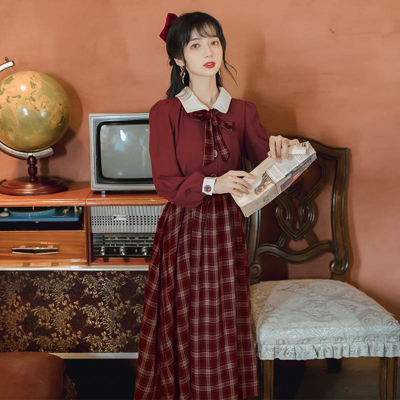 Long Dress Retro Plaid Skirt Dress Cottagecore Academia Fashion Dresses