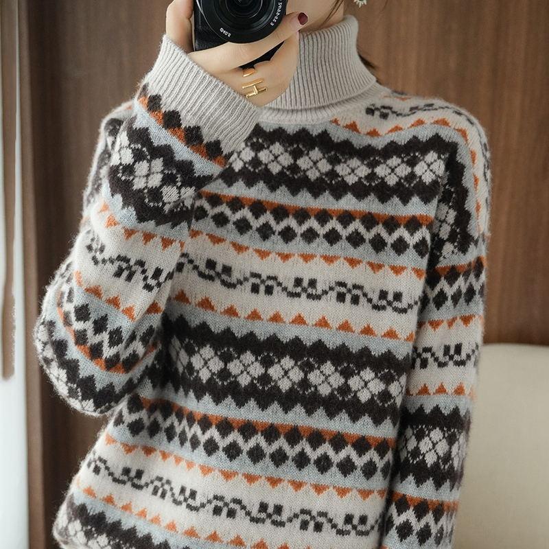 Fair Isle Sweater Cottagecore Outfits for Women Autumn Winter Cashmere Sweater Turtleneck  Loose